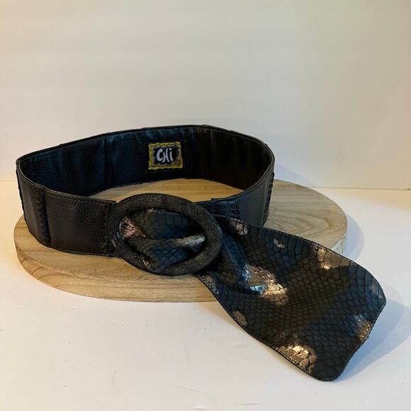 Chi Designed by Carlos Falchi Black Genuine Leather Snake Skin Belt Free Size - Picture 2 of 14